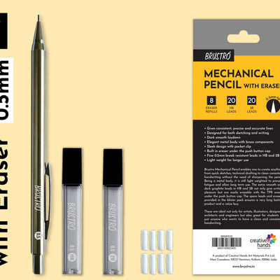 BRUSTRO Mechanical Pencil Set | HB-20 leads, 2B-20 leads, Spare eraser- 8 units|Tip size- 0.5 mm |Ideal for Students,Adults, Home,School,Office,Stationery Use |Writing, Sketching, Drawing, Mandala Art