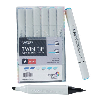 BRUSTRO Twin Tip Alcohol Based Marker Set of 6 (Blues) in Crossline PP See Through Box