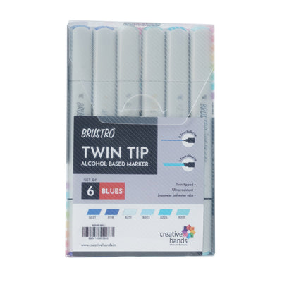 BRUSTRO Twin Tip Alcohol Based Marker Set of 6 (Blues) in Crossline PP See Through Box