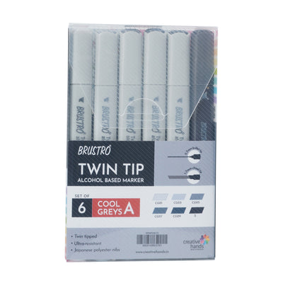 BRUSTRO Twin Tip Alcohol Based Marker Sets (CG A (6)) in Crossline PP See Through Box