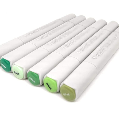 BRUSTRO Twin Tip Alcohol Based Marker Set of 6 (Greens) in Crossline PP See Through Box