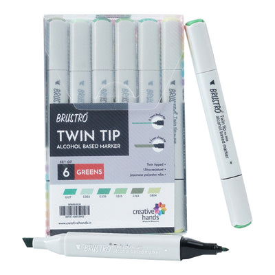 BRUSTRO Twin Tip Alcohol Based Marker Set of 6 (Greens) in Crossline PP See Through Box