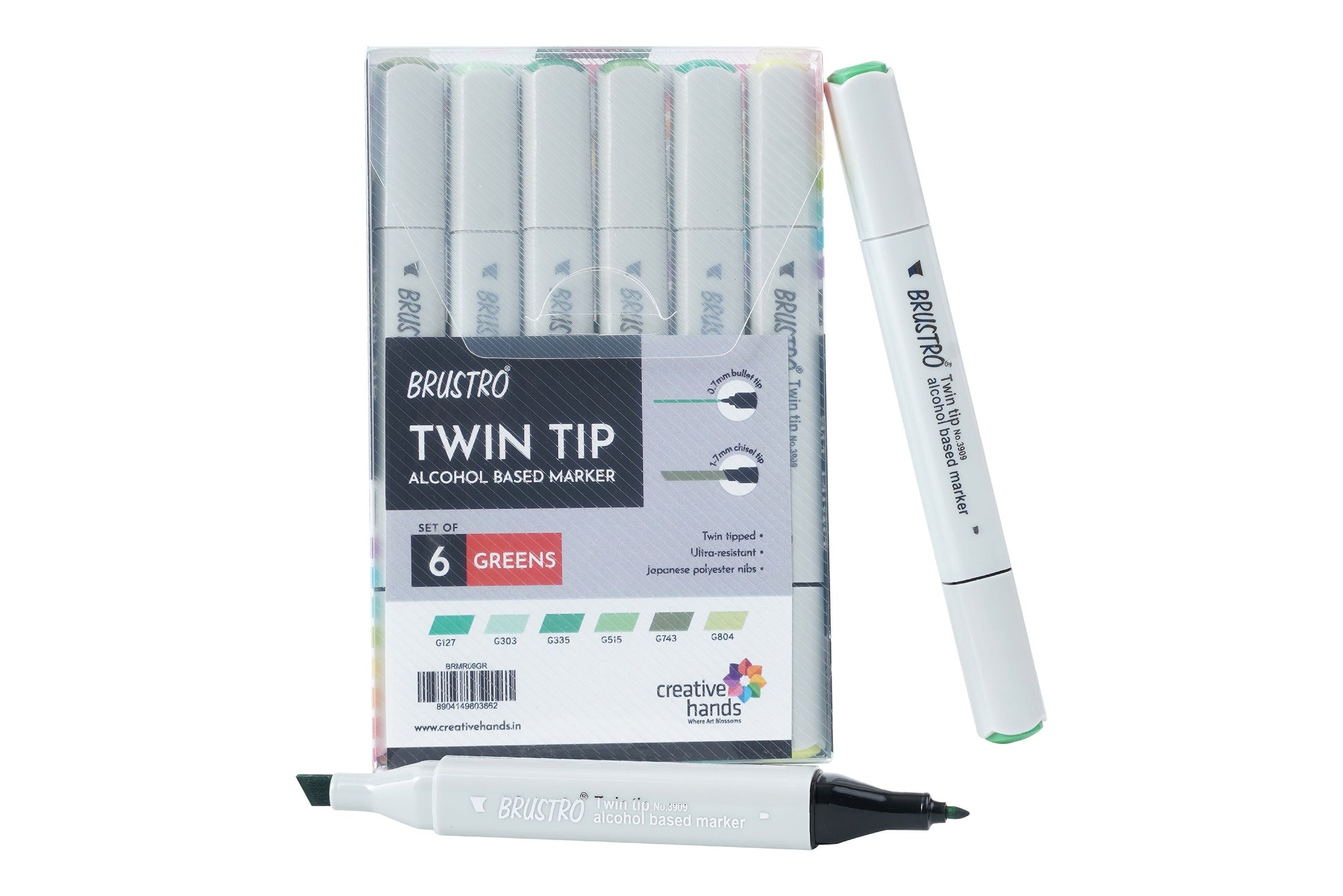 BRUSTRO Twin Tip Alcohol Based Marker Set of 6 (Greens) in Crossline PP See Through Box