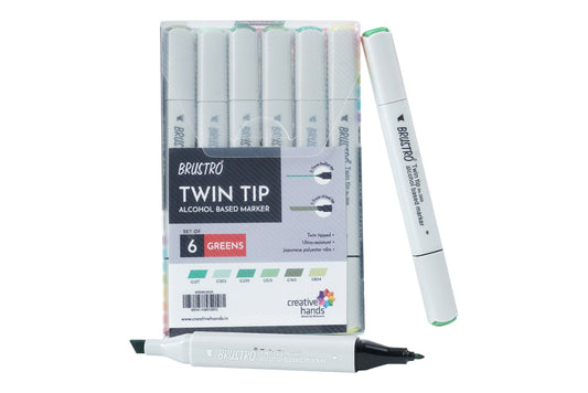 BRUSTRO Twin Tip Alcohol Based Marker Set of 6 (Greens) in Crossline PP See Through Box