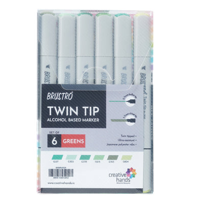 BRUSTRO Twin Tip Alcohol Based Marker Set of 6 (Greens) in Crossline PP See Through Box