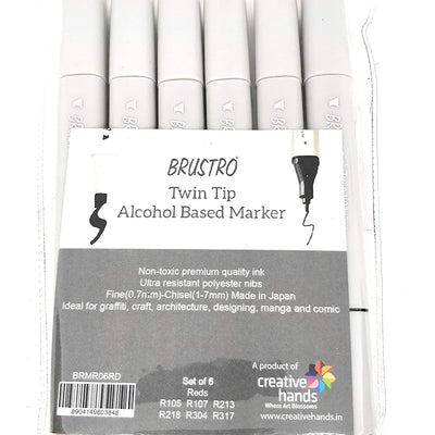 BRUSTRO Twin Tip Alcohol Based Marker Set of 6 (Reds) in Crossline PP See Through Box