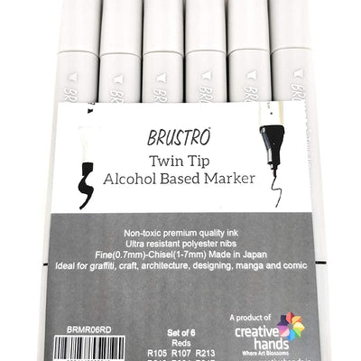 BRUSTRO Twin Tip Alcohol Based Marker Set of 6 (Reds) in Crossline PP See Through Box
