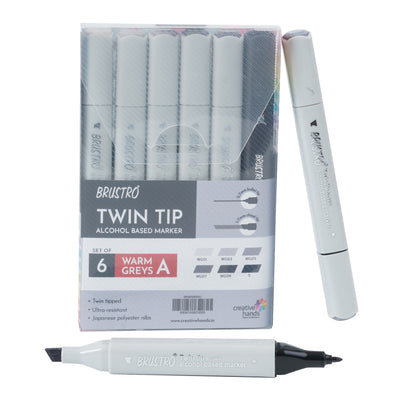 BRUSTRO Twin Tip Alcohol Based Marker Sets 6 (Warm Grey A) in Crossline PP See Through Box
