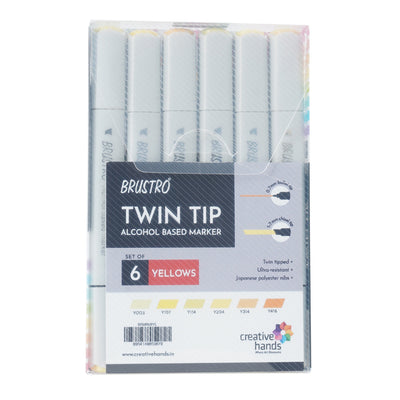 BRUSTRO Twin Tip Alcohol Based Marker Set of 6 (Yellows) in Crossline PP See Through Box