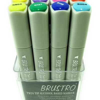 Brustro Twin Tip Alcohol Based Marker Combo of Basic Set of 12 A & 12 B in Crossline PP See Through Box