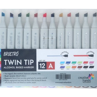 BRUSTRO Twin Tip Alcohol Based Marker Set of 12 - Basic A in Crossline PP See Through Box