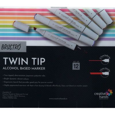 BRUSTRO Twin Tip Alcohol Based Marker Set of 12 - Basic A in Crossline PP See Through Box