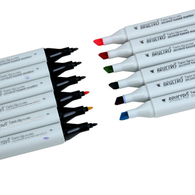 BRUSTRO Twin Tip Alcohol Based Marker Set of 12 - Basic A in Crossline PP See Through Box