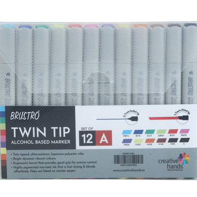BRUSTRO Twin Tip Alcohol Based Marker Set of 12 - Basic A in Crossline PP See Through Box