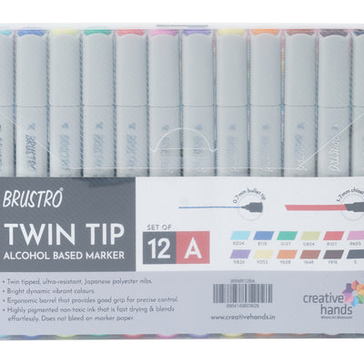 BRUSTRO Twin Tip Alcohol Based Marker Set of 12 - Basic A in Crossline PP See Through Box