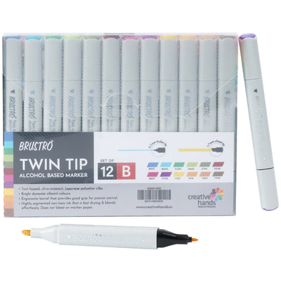 BRUSTRO Twin Tip Alcohol Based Marker Set of 12 - Basic B in Crossline PP See Through Box
