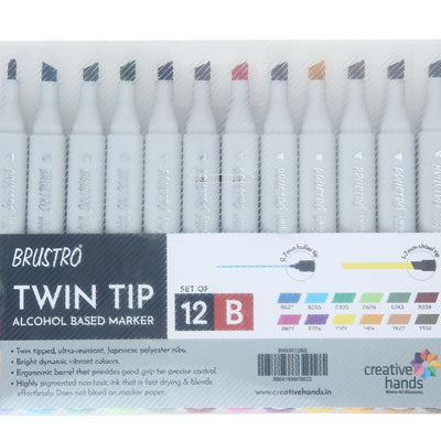 BRUSTRO Twin Tip Alcohol Based Marker Set of 12 - Basic B in Crossline PP See Through Box