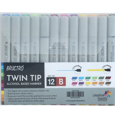 BRUSTRO Twin Tip Alcohol Based Marker Set of 12 - Basic B in Crossline PP See Through Box