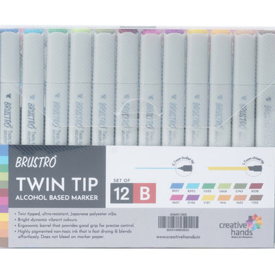 BRUSTRO Twin Tip Alcohol Based Marker Set of 12 - Basic B in Crossline PP See Through Box