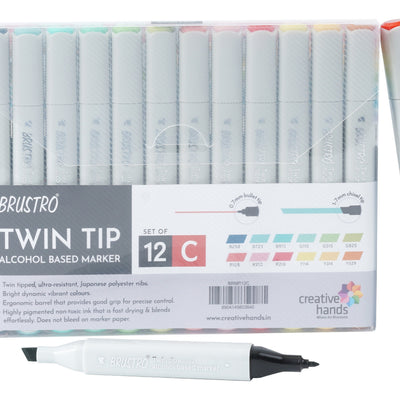 BRUSTRO Twin Tip Alcohol Based Marker Set of 12 Cool & Warm Grey Shades in Crossline PP See Through Box