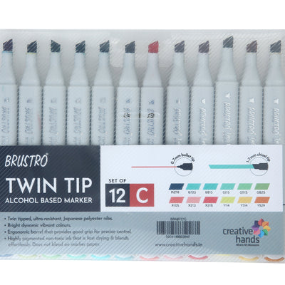 BRUSTRO Twin Tip Alcohol Based Marker Set Of 12 - Basic C in Crossline PP See Through Box