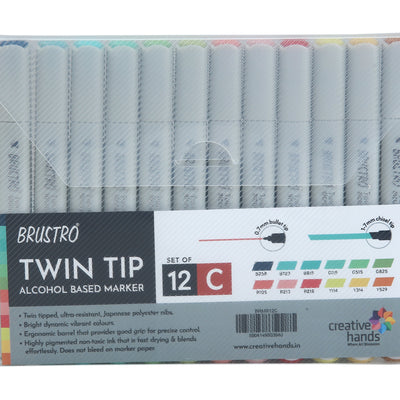 BRUSTRO Twin Tip Alcohol Based Marker Set Of 12 - Basic C in Crossline PP See Through Box