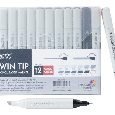 BRUSTRO Twin Tip Alcohol Based Marker Set of 12 - Cool Greys in Crossline PP See Through Box
