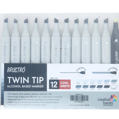 BRUSTRO Twin Tip Alcohol Based Marker Set of 12 - Cool Greys in Crossline PP See Through Box