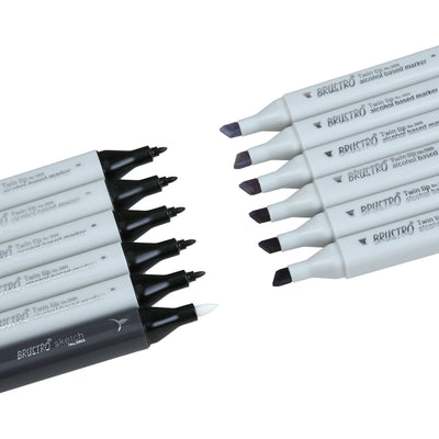 BRUSTRO Twin Tip Alcohol Based Marker Set of 12 - Cool Greys in Crossline PP See Through Box