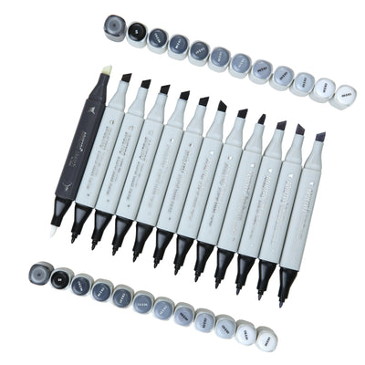 BRUSTRO Twin Tip Alcohol Based Marker Set of 12 - Cool Greys in Crossline PP See Through Box
