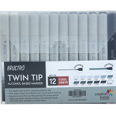 BRUSTRO Twin Tip Alcohol Based Marker Set of 12 - Cool Greys in Crossline PP See Through Box