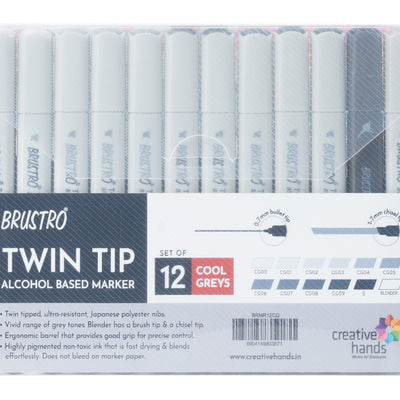 BRUSTRO Twin Tip Alcohol Based Marker Set of 12 - Cool Greys in Crossline PP See Through Box