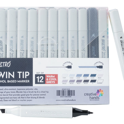 BRUSTRO Twin Tip Alcohol Based Marker Set of 12 Cool & Warm Grey Shades in Crossline PP See Through Box