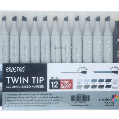 BRUSTRO Twin Tip Alcohol Based Marker Set of 12 Cool & Warm Grey Shades in Crossline PP See Through Box