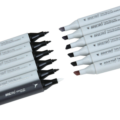 BRUSTRO Twin Tip Alcohol Based Marker Set of 12 Cool & Warm Grey Shades in Crossline PP See Through Box