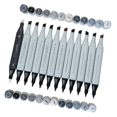 BRUSTRO Twin Tip Alcohol Based Marker Set of 12 Cool & Warm Grey Shades in Crossline PP See Through Box