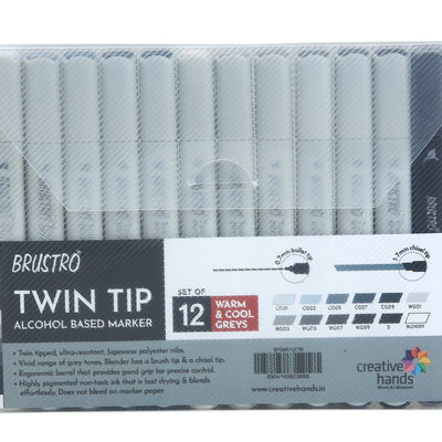BRUSTRO Twin Tip Alcohol Based Marker Set of 12 Cool & Warm Grey Shades in Crossline PP See Through Box