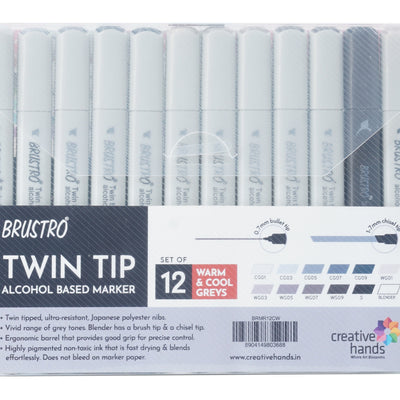 BRUSTRO Twin Tip Alcohol Based Marker Set of 12 Cool & Warm Grey Shades in Crossline PP See Through Box