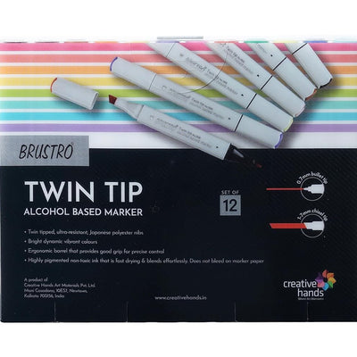 BRUSTRO Twin Tip Alcohol Based Marker Set Of 12 - Basic C in Crossline PP See Through Box