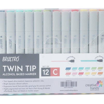 BRUSTRO Twin Tip Alcohol Based Marker Set of 12 Cool & Warm Grey Shades in Crossline PP See Through Box