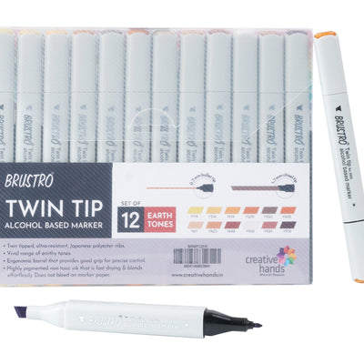 BRUSTRO Twin Tip Alcohol Based Marker Sets Earth Tone (12) in Crossline PP See Through Box