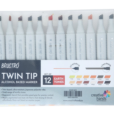 BRUSTRO Twin Tip Alcohol Based Marker Sets Earth Tone (12) in Crossline PP See Through Box