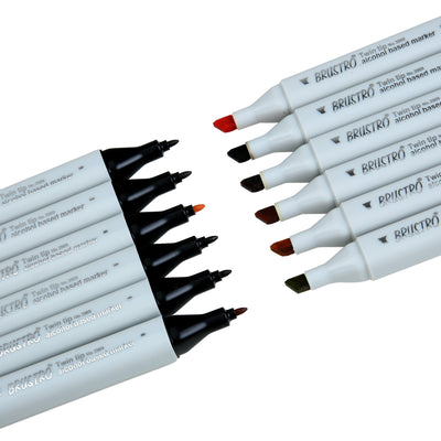BRUSTRO Twin Tip Alcohol Based Marker Sets Earth Tone (12) in Crossline PP See Through Box