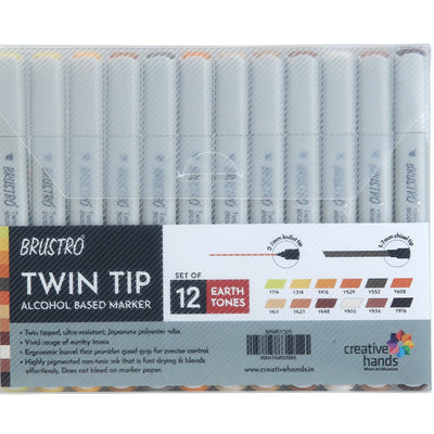 BRUSTRO Twin Tip Alcohol Based Marker Sets Earth Tone (12) in Crossline PP See Through Box