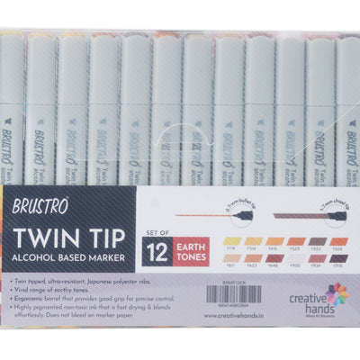 BRUSTRO Twin Tip Alcohol Based Marker Sets Earth Tone (12) in Crossline PP See Through Box