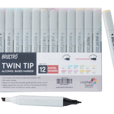 BRUSTRO Twin Tip Alcohol Based Marker Set of 12 - Pastel Tones in Crossline PP See Through Box