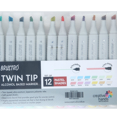 BRUSTRO Twin Tip Alcohol Based Marker Set of 12 - Pastel Tones in Crossline PP See Through Box