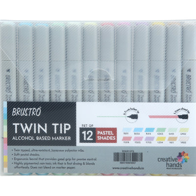 BRUSTRO Twin Tip Alcohol Based Marker Set of 12 - Pastel Tones in Crossline PP See Through Box