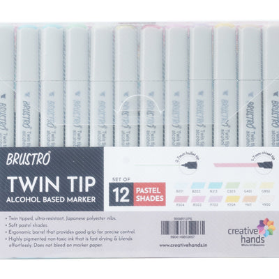 BRUSTRO Twin Tip Alcohol Based Marker Set of 12 - Pastel Tones in Crossline PP See Through Box