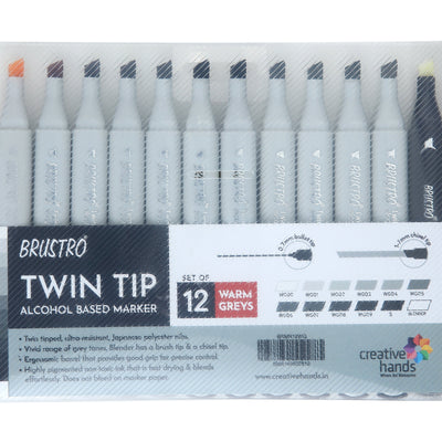 BRUSTRO Twin Tip Alcohol Based Marker Set of 12 - Warm Greys in Crossline PP See Through Box